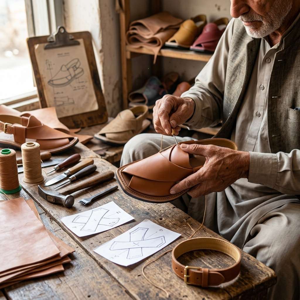 Master craftsman handstitching a Peshawari chappal